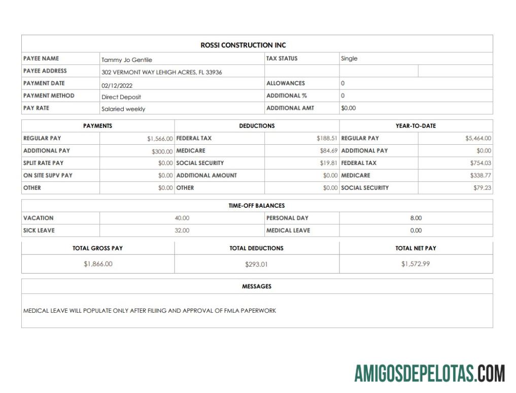 Rossi Construction Inc contracheque em formatos PDF Ad Word exemplo real